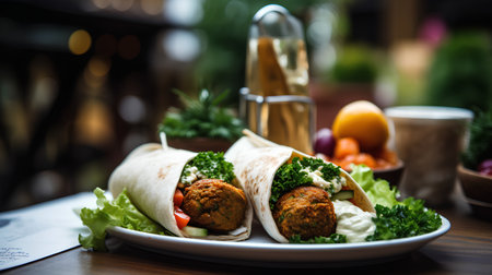 delicious falafel wrap with fresh vegetables and feta cheeseの素材