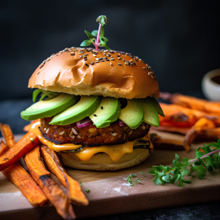 Homemade hamburger with fresh vegetables on dark background, selective focus.の素材