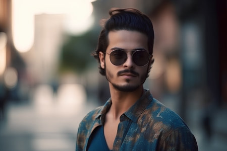 Handsome young man in sunglasses on a city street at sunsetの素材