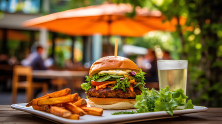 Hamburger with french fries and glass of beer on wooden tableの素材