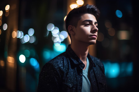 Portrait of a handsome young man in the city at night.の素材