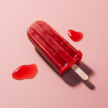 Fruit ice cream on a stick with drops of ketchup on a pink backgroundの素材
