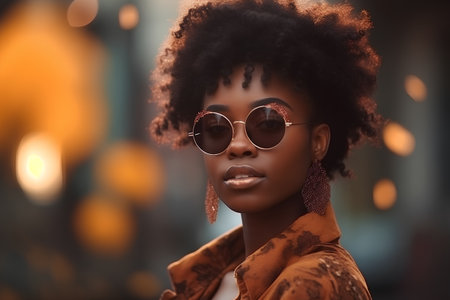 Beautiful african american woman with afro hairstyle and sunglassesの素材