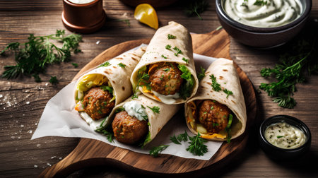 Homemade falafel kebab with vegetables and yogurt sauceの素材