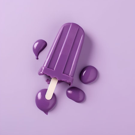 Colorful ice cream on a stick on a purple background, top viewの素材