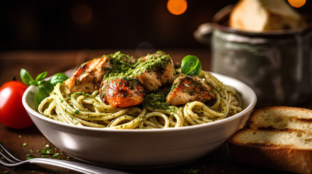 Spaghetti pasta with pesto sauce and grilled chicken on wooden backgroundの素材