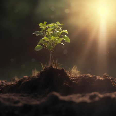 Green sprout growing from soil on dark background. Earth day conceptの素材