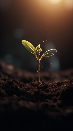 Green plant seedling illustrating concept of new life and environmental conservation.の素材