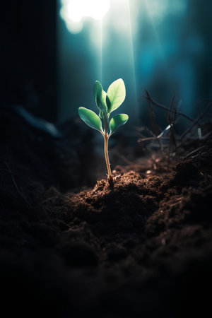 Green seedling illustrating concept of new life and growing in new lifeの素材