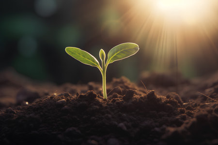 Green seedling illustrating concept of new life and ecology with sunbeamsの素材