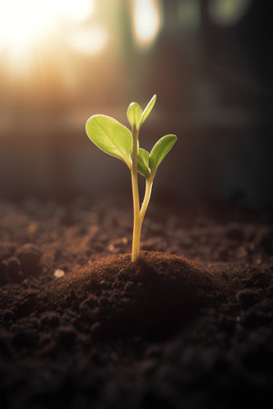 Small plant seedling illustrating concept of new life and growing from seedの素材