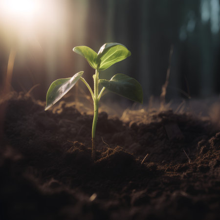 Green seedling illustrating concept of new life in early stage of lifeの素材