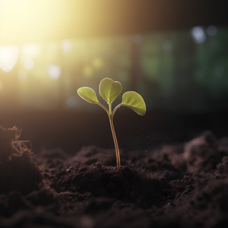 Young green seedling illustrating concept of new life and eco-friendly livingの素材