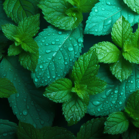 Fresh mint leaves with water drops. Mint background. Top view.の素材