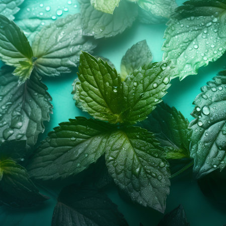 Fresh mint leaves with water drops on green background. Top view.の素材