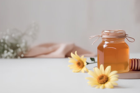 Honey in a glass jar with honey dipper and daisiesの素材