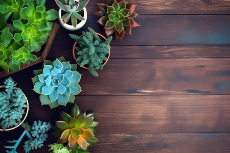 Succulents on a wooden background. Top view with copy spaceの素材