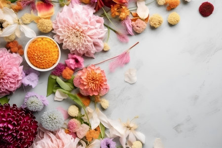 Flowers and petals on a marble background with space for textの素材