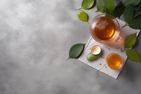 Cup of tea with green tea leaves on grey background, top viewの素材