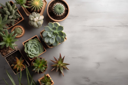 Top view of various cactus in pots on grey background with copy spaceの素材