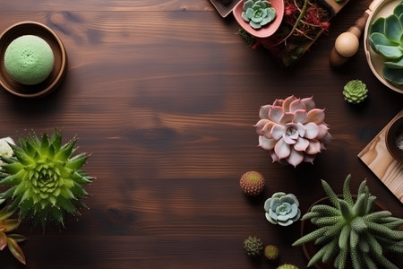 Top view of succulent plants on wooden table with copy space.の素材
