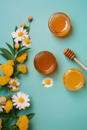 Honey in a jar with a wooden drizzler and chamomile flowers on a blue backgroundの素材