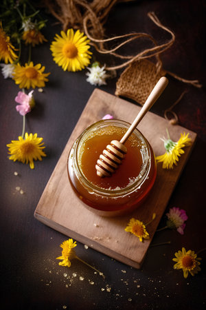 Honey in a glass jar with wooden drizzler on a dark backgroundの素材