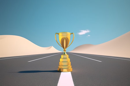 golden trophy on the road leading to desert 3d render illustrationの素材