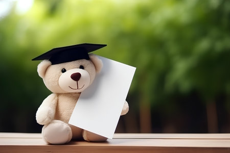 Teddy bear with graduation cap and blank sheet of paper on wooden tableの素材