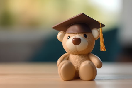 Teddy bear with graduation cap on wooden table, shallow DOFの素材