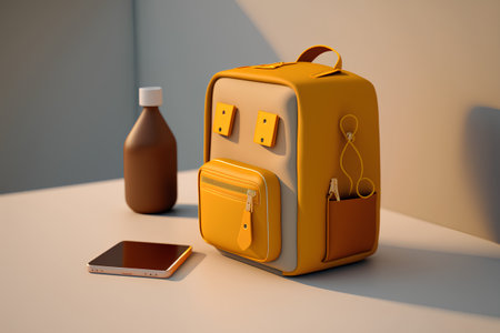 School backpack, mobile phone and bottle of water. 3D renderingの素材