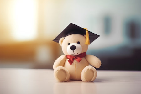 Teddy bear with graduation cap and mortarboard. Education concept.の素材