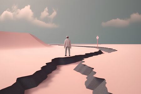 Conceptual 3D business man walking over a gap in the ground to successの素材