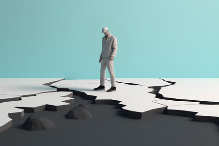 Businessman standing on a cracked earth. 3d render illustration.の素材