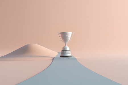 3d rendering of a silver trophy on a podium in a desertの素材