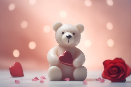 Teddy bear with red heart and rose on bokeh backgroundの素材