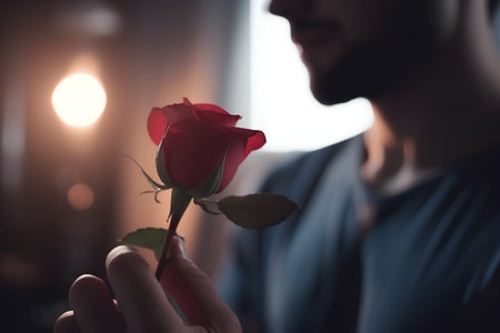 Man holding a red rose in his hand, focus on the roseの素材