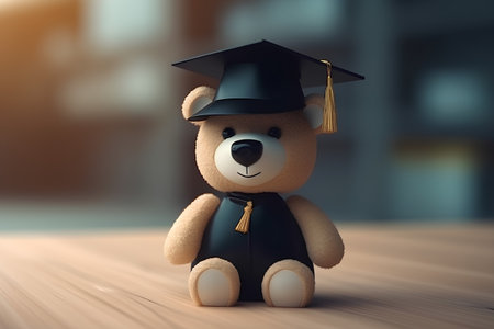 Teddy bear with graduation cap and gown on wooden table, 3d renderの素材