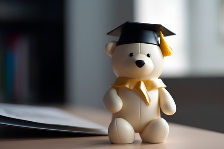 Teddy bear in graduation cap and diploma on table, shallow DOFの素材