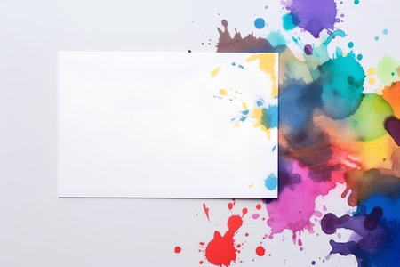 Blank card with colorful watercolor splashes on white background.の素材
