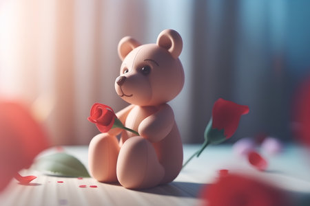 Teddy bear with a red rose on a light background. Valentines Day.の素材