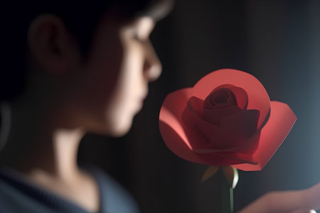 Close-up of a red rose in the hands of a girlの素材