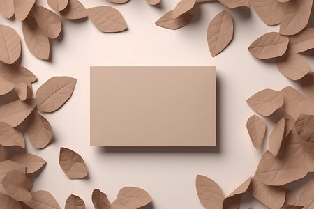 3d render of brown leaves with blank card on a beige backgroundの素材