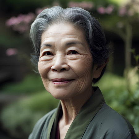 Portrait of a senior asian woman smiling in the garden.の素材