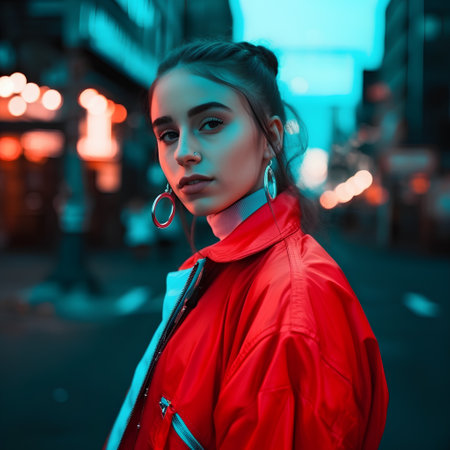 Fashion portrait of a beautiful girl in a red jacket on the street at night.の素材