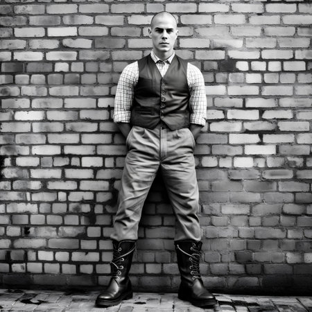 Portrait of a bald man in leather pants and a shirt against a brick wall.の素材
