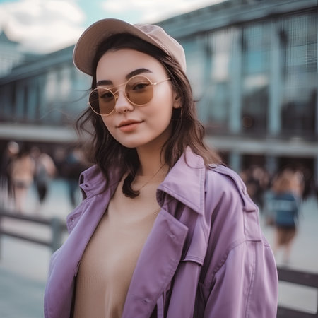 beautiful young asian woman in hat and sunglasses walking in cityの素材