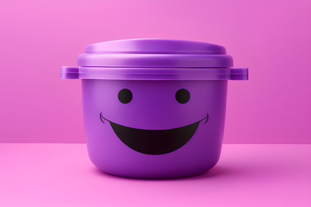 Coffee mug with smiling face isolated on pink background. 3d illustrationの素材
