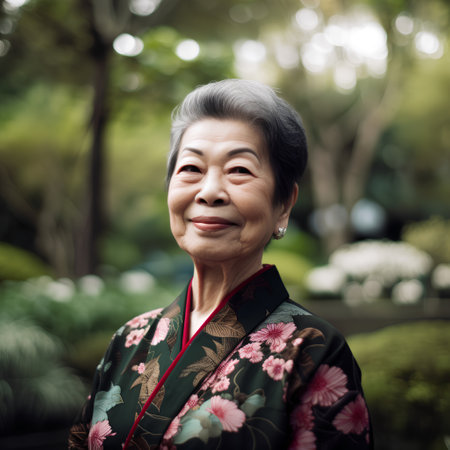 Senior Japanese woman in kimono smiling at camera in garden.の素材