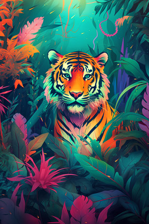 Tiger in the jungle. Vector illustration. Colorful background.の素材